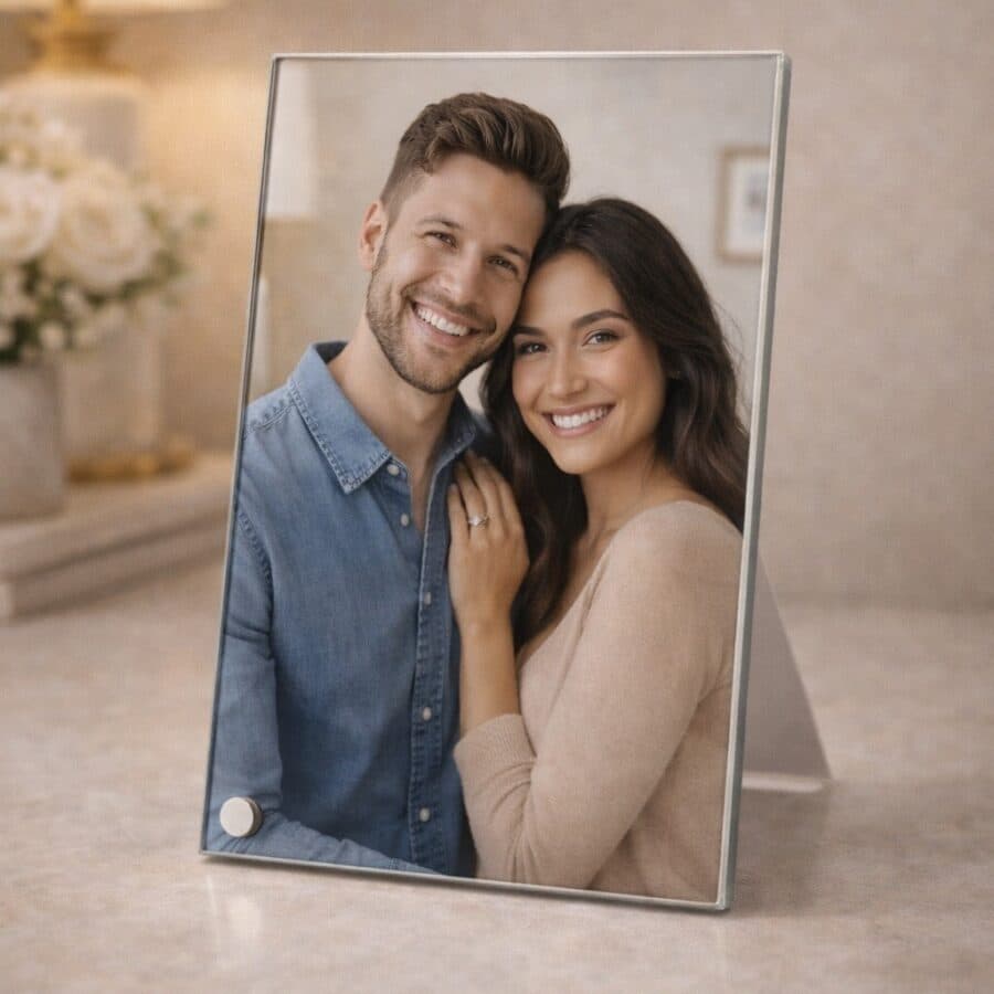 תמונת זכוכית פרימיום 15X21 ס"מ | הדפסת Ultra HD ומעמד מתכת