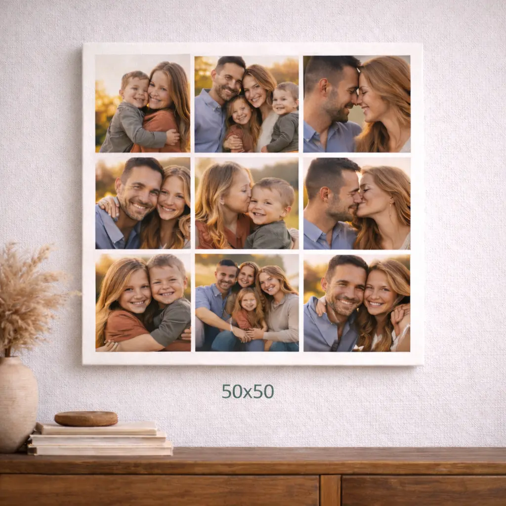 קולאז' 9 תמונות משפחתי מודפס על קנבס גדול 50/50 ס"מ, מתוח על מסגרת עץ איכותית.