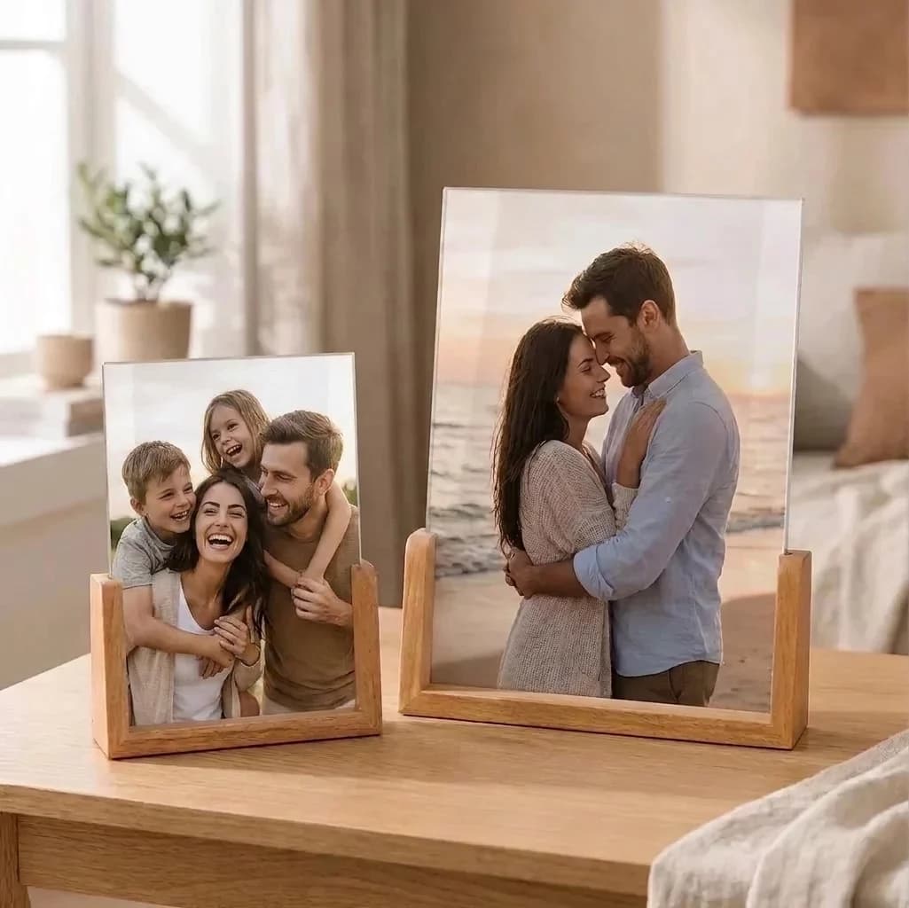 סט זוג מעמדי עץ עם אקריליק שקוף ותמונה