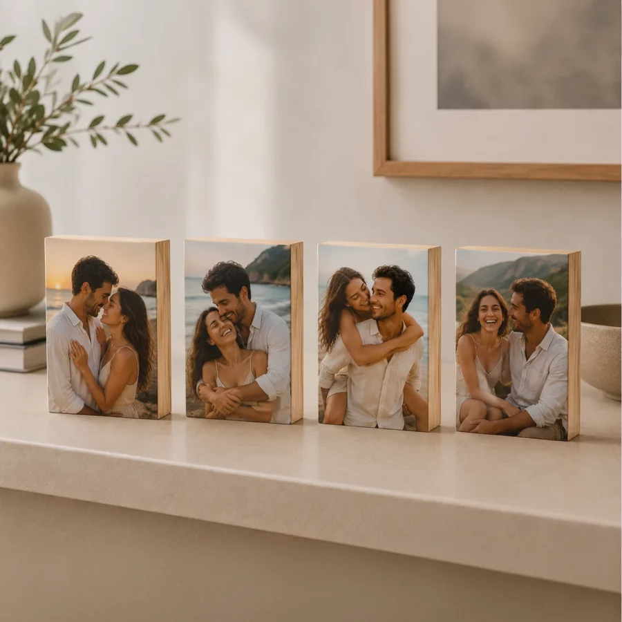 סט של 4 בלוקי עץ עם תמונה אישית, מעץ אורן בגודל 10×15 ס"מ, מוצגים בעיצוב ביתי מודרני
