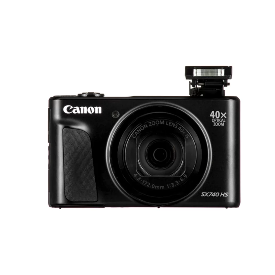 מצלמה קומפקטית Canon PowerShot SX740 HS במבט קדמי עם פלאש פתוח ועדשת זום אופטי 40x