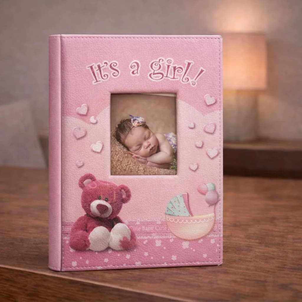 אלבום כיסים לתינוקת "It's a Girl" דמוי עור ורוד (300 תמונות)
