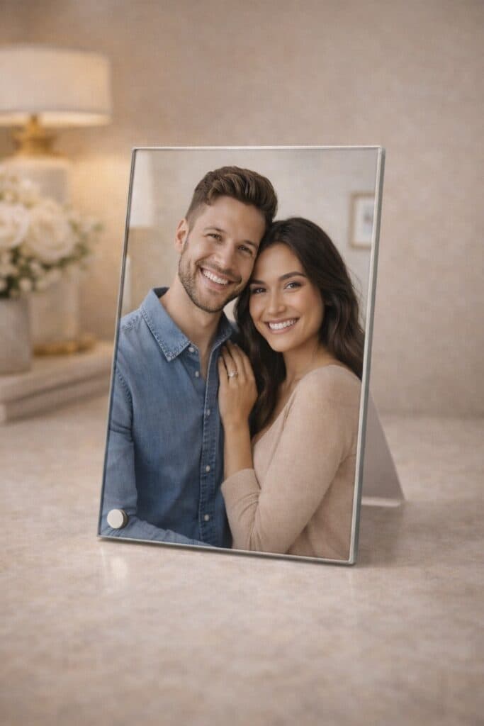 תמונת זכוכית פרימיום 15X21 ס"מ | הדפסת Ultra HD ומעמד מתכת