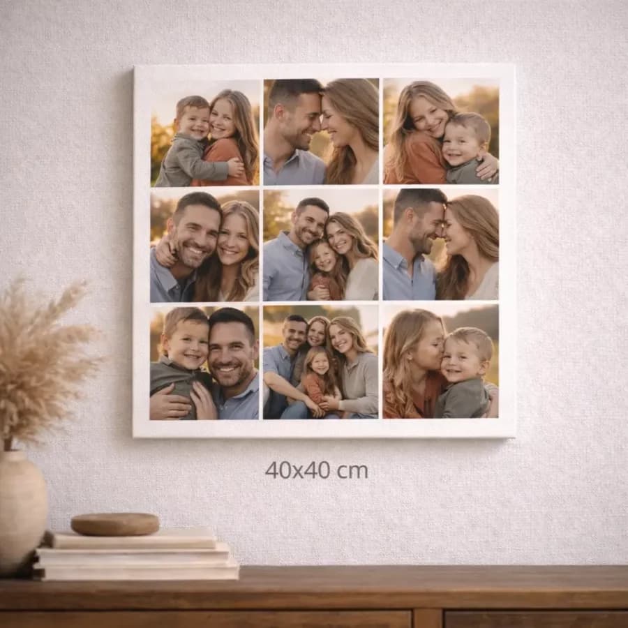 קולאז' תמונות מודפס על קנבס ריבועי 40/40 ס"מ מתוח על מסגרת עץ.