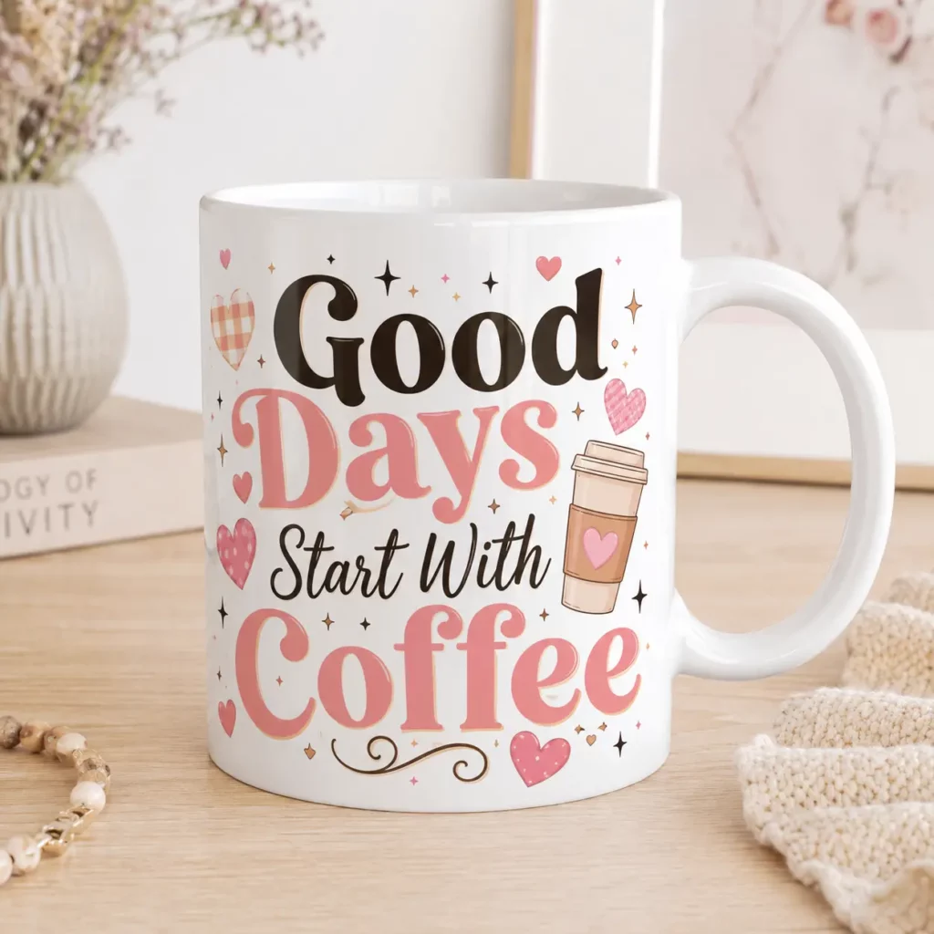ספל קפה לבן מודפס עם הכיתוב "Good Days Start With Coffee" בעיצוב ורוד ושחור עם לבבות, אפשרות להתאמה אישית עם שם
