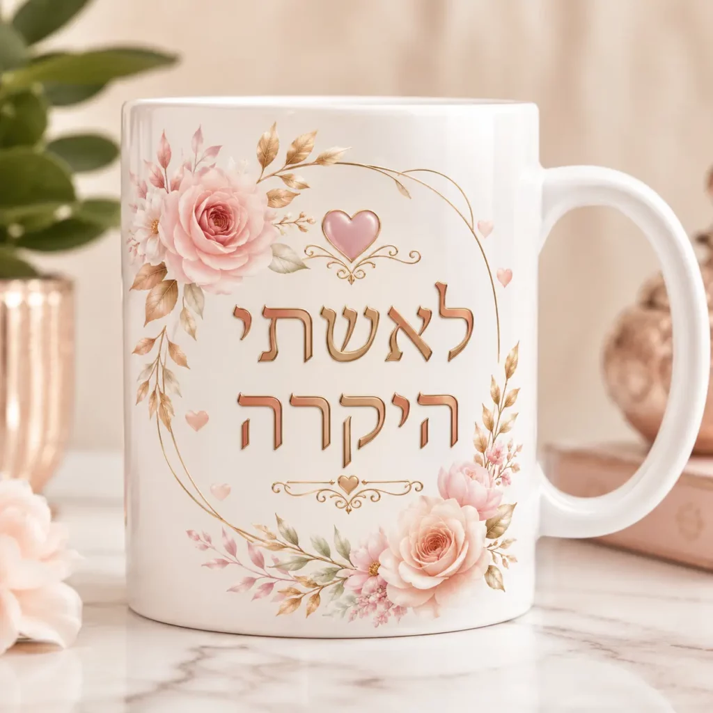 Gift for wife - White ceramic coffee mug with "To my dear wife" Hebrew text,