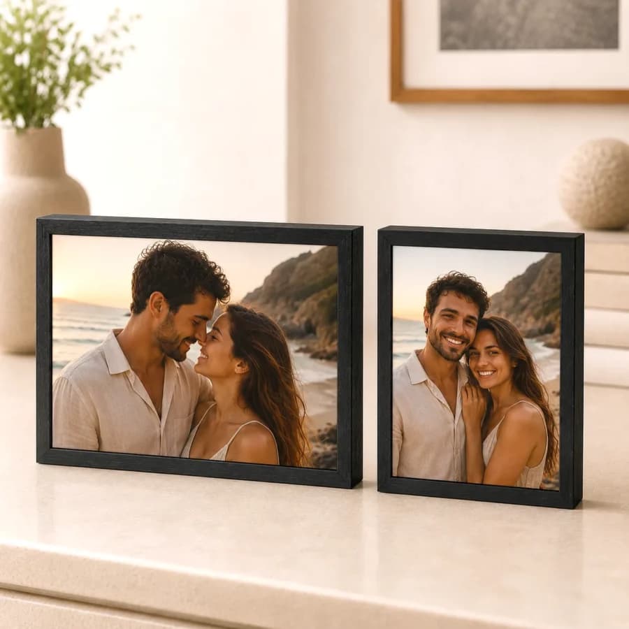 זוג בלוקי עץ שחור יוקרתיים בעובי 3 ס"מ עם הדפסה על מתכת מבריקה בעיצוב אישי בפוטו גדי