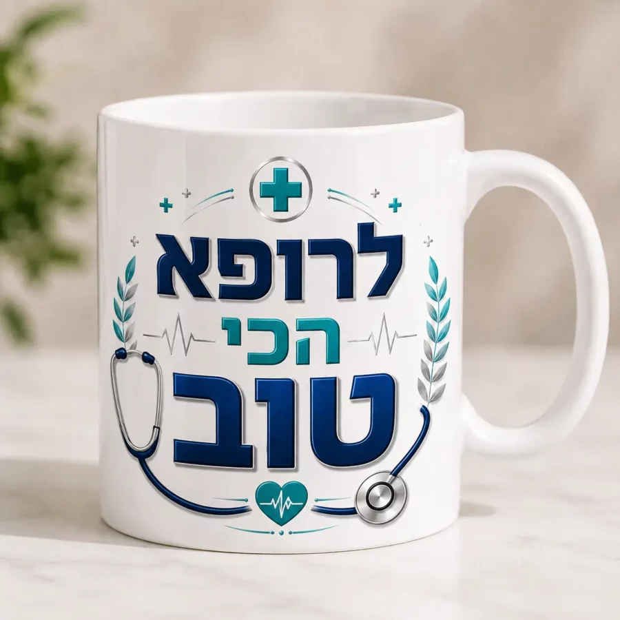 White ceramic coffee mug with "To the best doctor" Hebrew text in blue and teal colors, featuring medical cross, stethoscope, and heart illustrations - Perfect appreciation gift for doctors