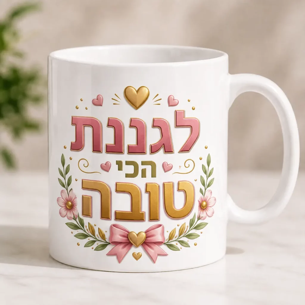 Gift for kindergarten teacher - White ceramic coffee mug with "To the best kindergarten teacher" Hebrew text, featuring gold hearts, pastel flowers, and