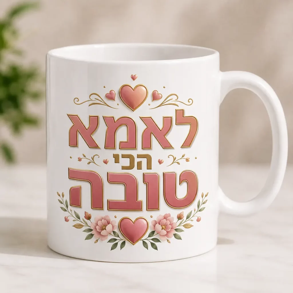 Gift for mom - White ceramic coffee mug with "To the best mom" Hebrew text,