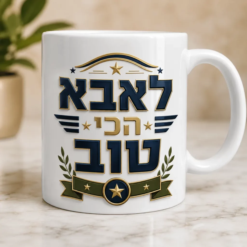 Gift for dad - White ceramic coffee mug with "To the best dad" Hebrew text, featuring elegant gold stars and dark blue luxury illustrations