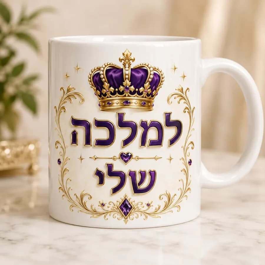 Gift for wife - White ceramic coffee mug with "To my queen" Hebrew text,