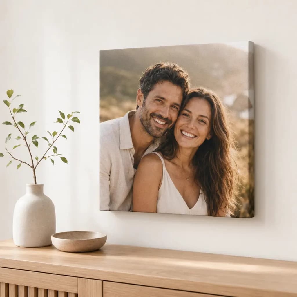 תמונה זוגית מודפסת על קנבס ריבועי בגודל 40×40 ס״מ מעל שידת עץ בהירה