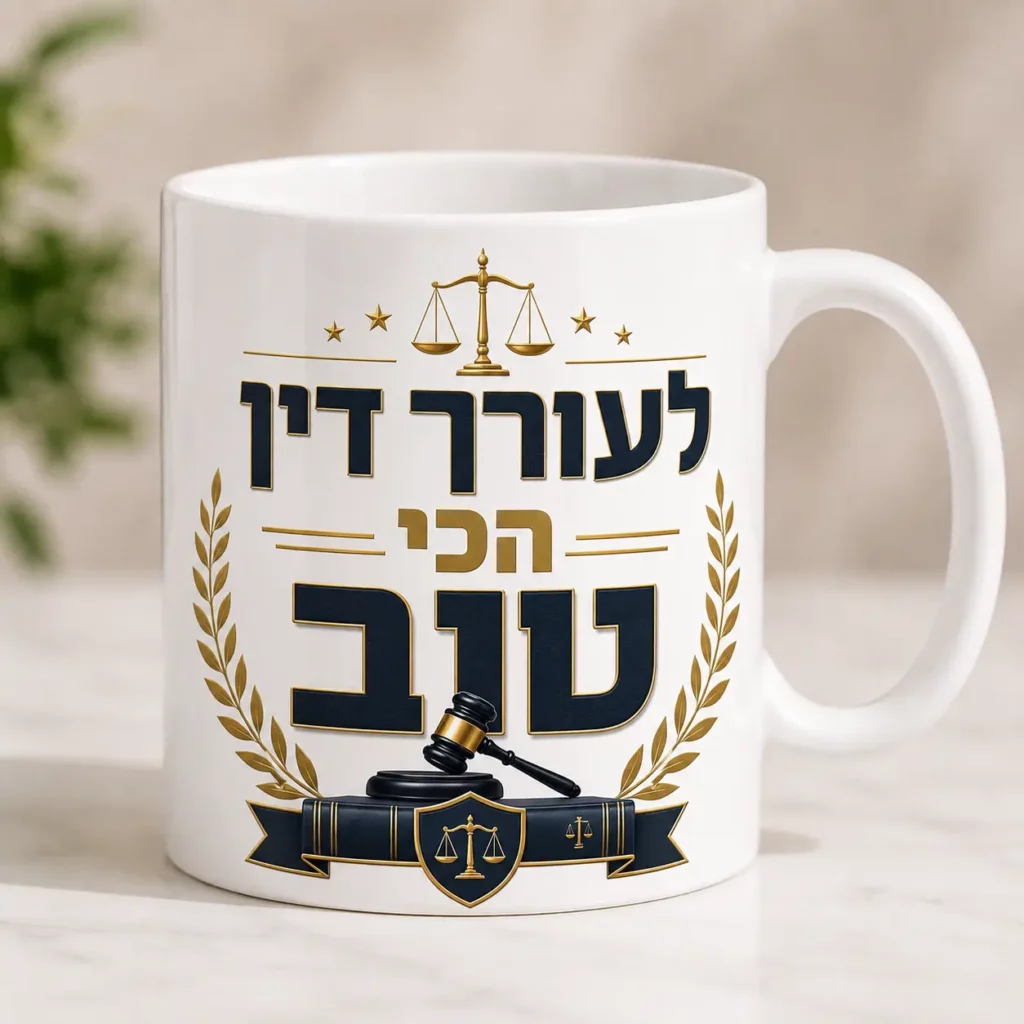 Gift for lawyer - White ceramic coffee mug with "To the best lawyer" Hebrew text, featuring gold scales of justice, a gavel, and elegant laurel wreath