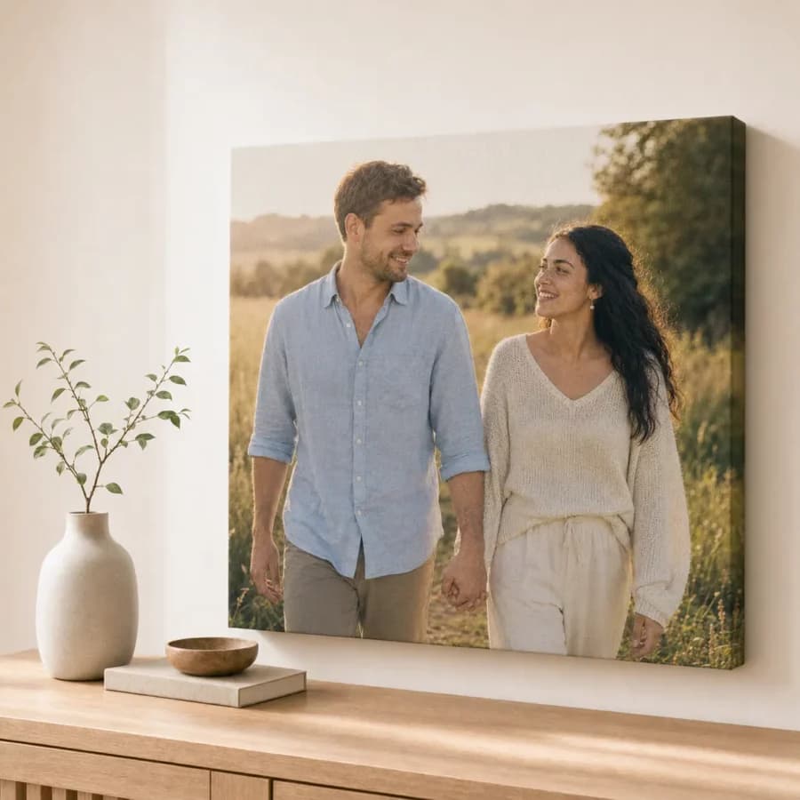 קנבס ריבועי גדול בגודל 50×50 ס״מ עם תמונת זוג מטייל בשדה מואר
