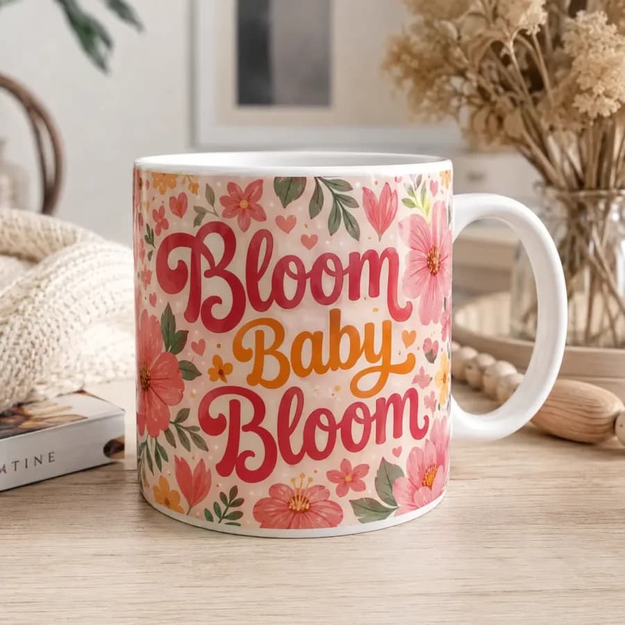 ספל עם משפט מעוצב של Bloom Baby Bloom עם איורי פרחים ועלים צבעוניים מפוטו גדי.
