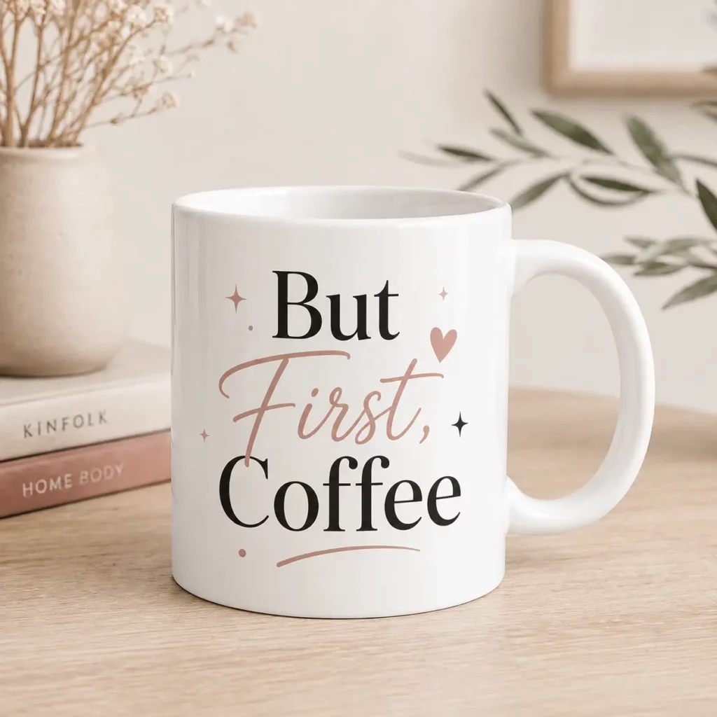 ספל עם משפט מעוצב של But First Coffee עם כוכבים ולב עדין מפוטו גדי.