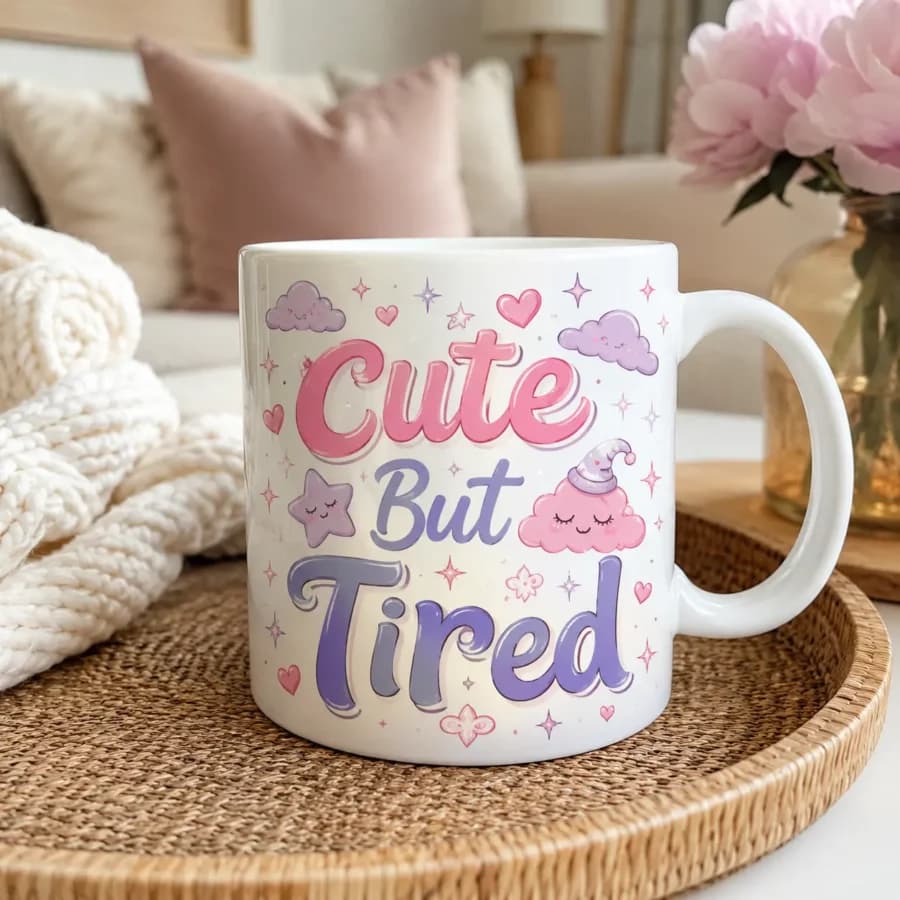 ספל עם משפט מעוצב של Cute But Tired עם עננים ישנים וכוכבים מפוטו גדי.