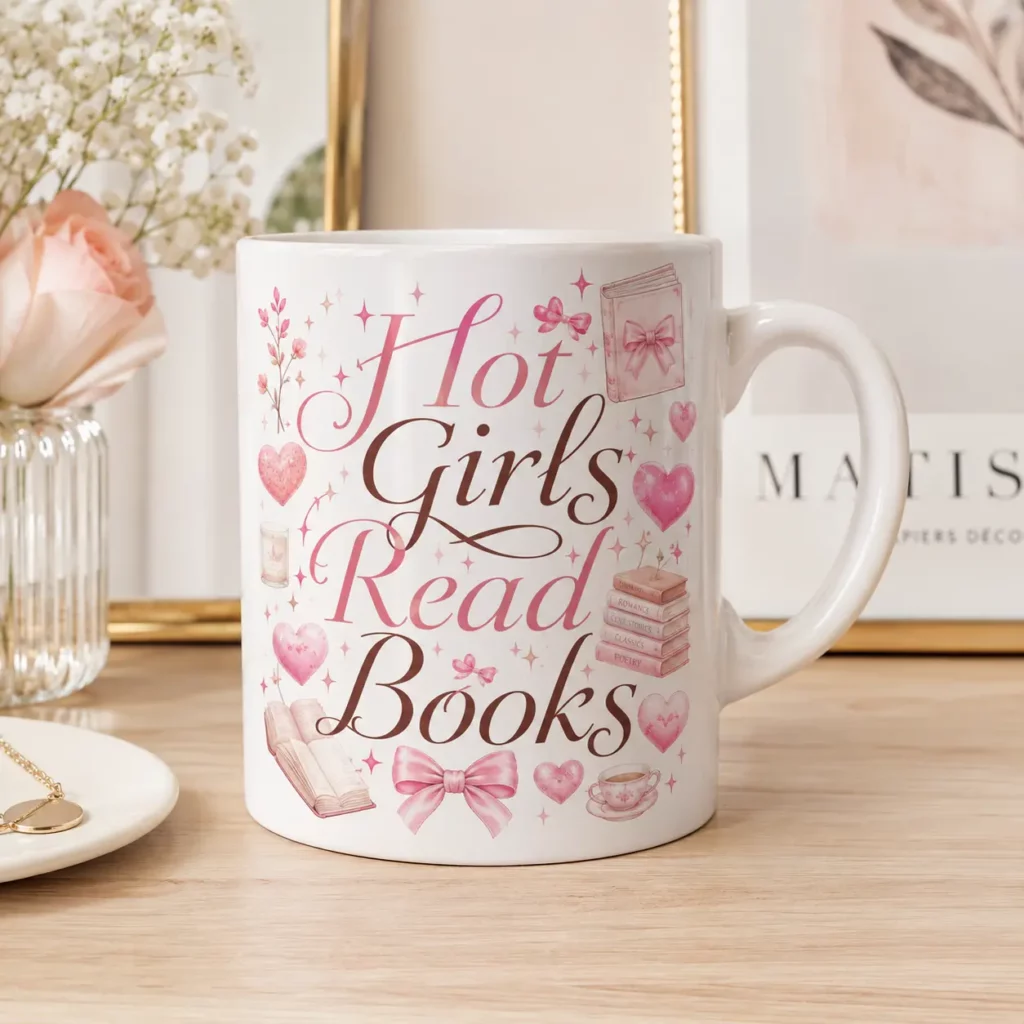 ספל עם משפט מעוצב של Hot Girls Read Books עם פפיונים וספרים ורודים מפוטו גדי.