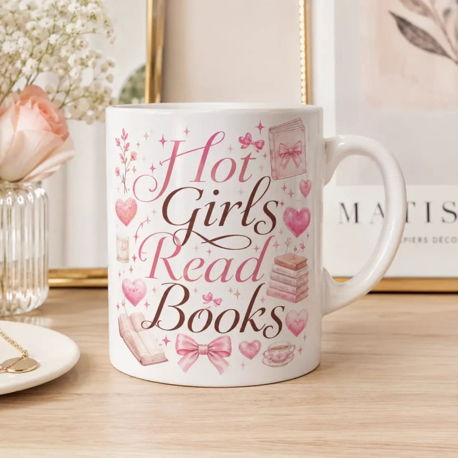 ספל עם משפט מעוצב של Hot Girls Read Books עם פפיונים וספרים ורודים מפוטו גדי.