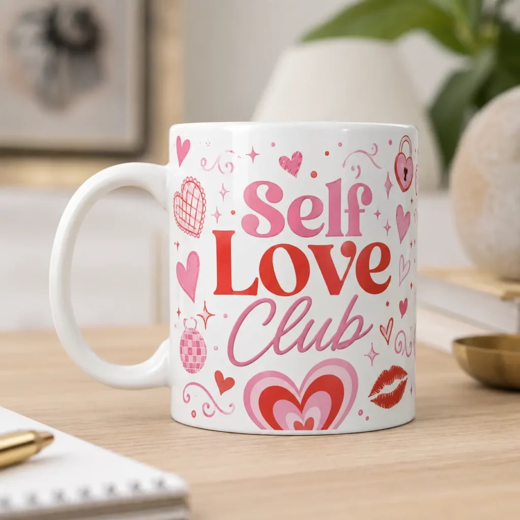 ספל עם משפט מעוצב של Self Love Club עם לבבות ונשיקה אדומה מפוטו גדי.